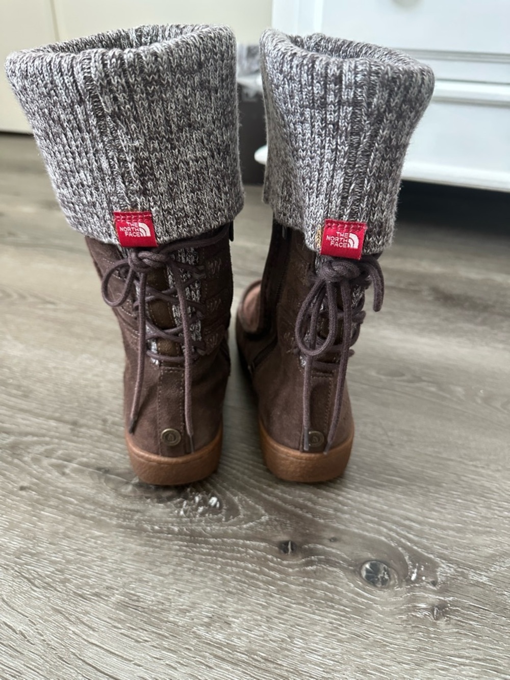 The North Face Brown Suede Winter Boots with Gray Knit Cuffs - Picture 3 of 9